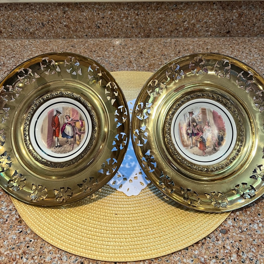 Vintage 1770 Pre-Gregorian plates 7” wide made of Brass depicting everyday life